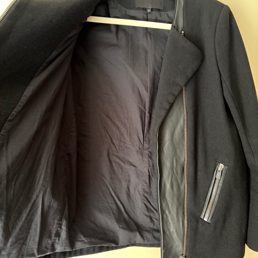 Maje | Wool Blend & Leather Asymmetrical Full Zip Jacket Moto Black Small - Picture 5 of 8